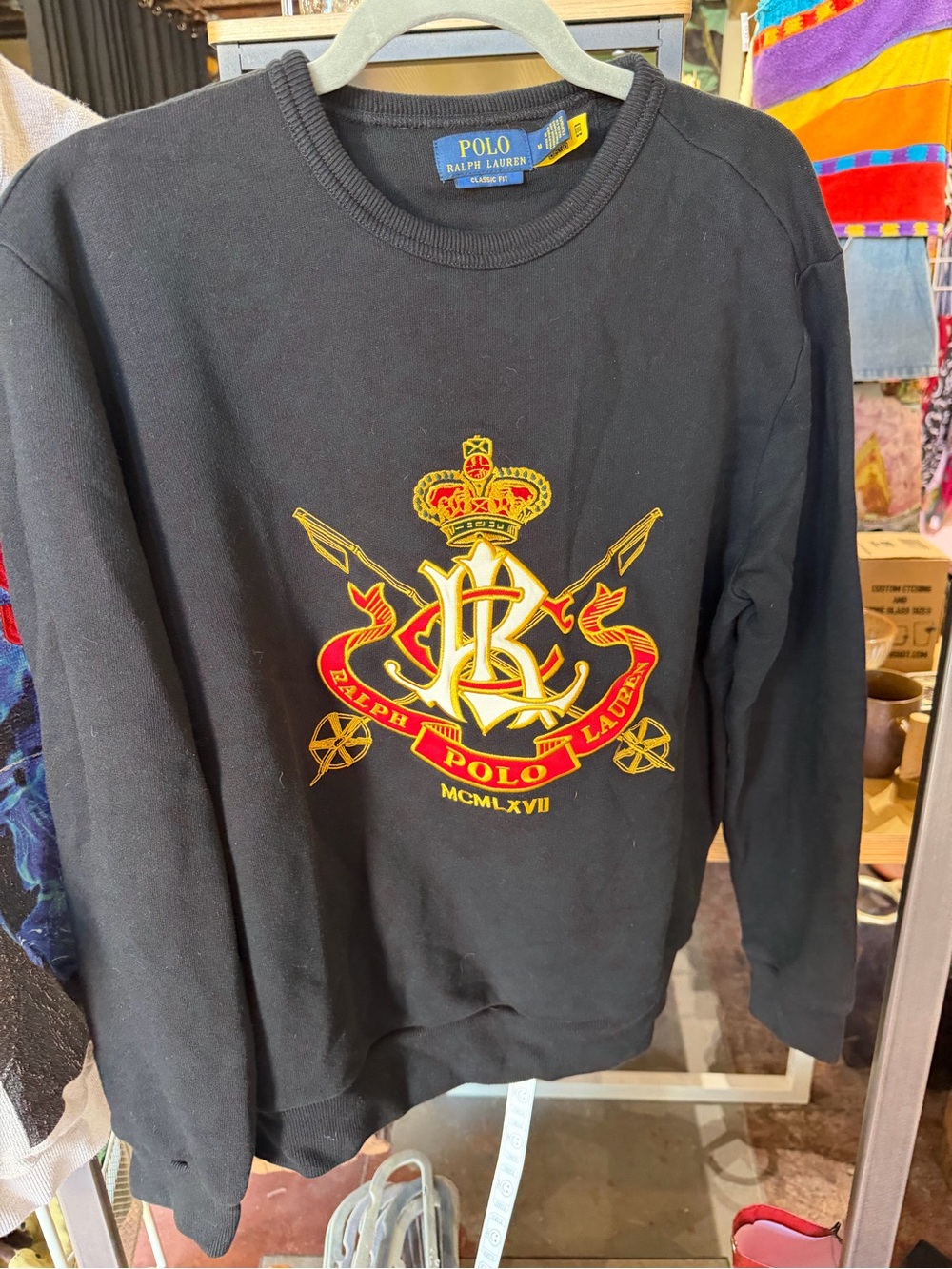 Ralph Lauren Black Crewneck Sweatshirt with Gold & Red Crest